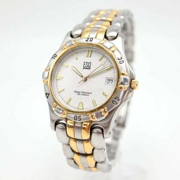 ESQ Swiss Watch Men 36mm Two Tone Date Glitter Dial Stainless Steel New Battery - Picture 1 of 16